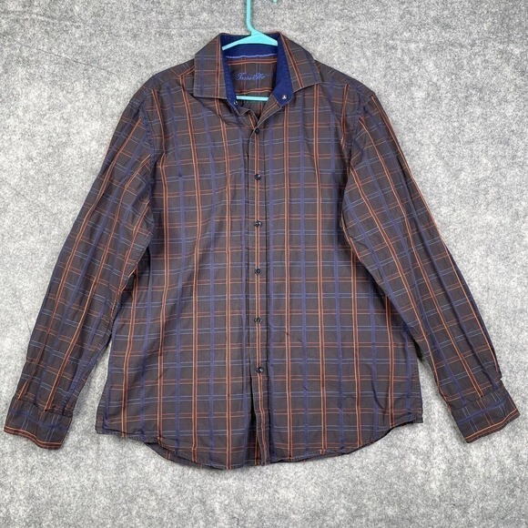 Tasso Elba Mens L Button Up Long Sleeve Shirt Blue Orange Check Adult Office - Picture 1 of 10